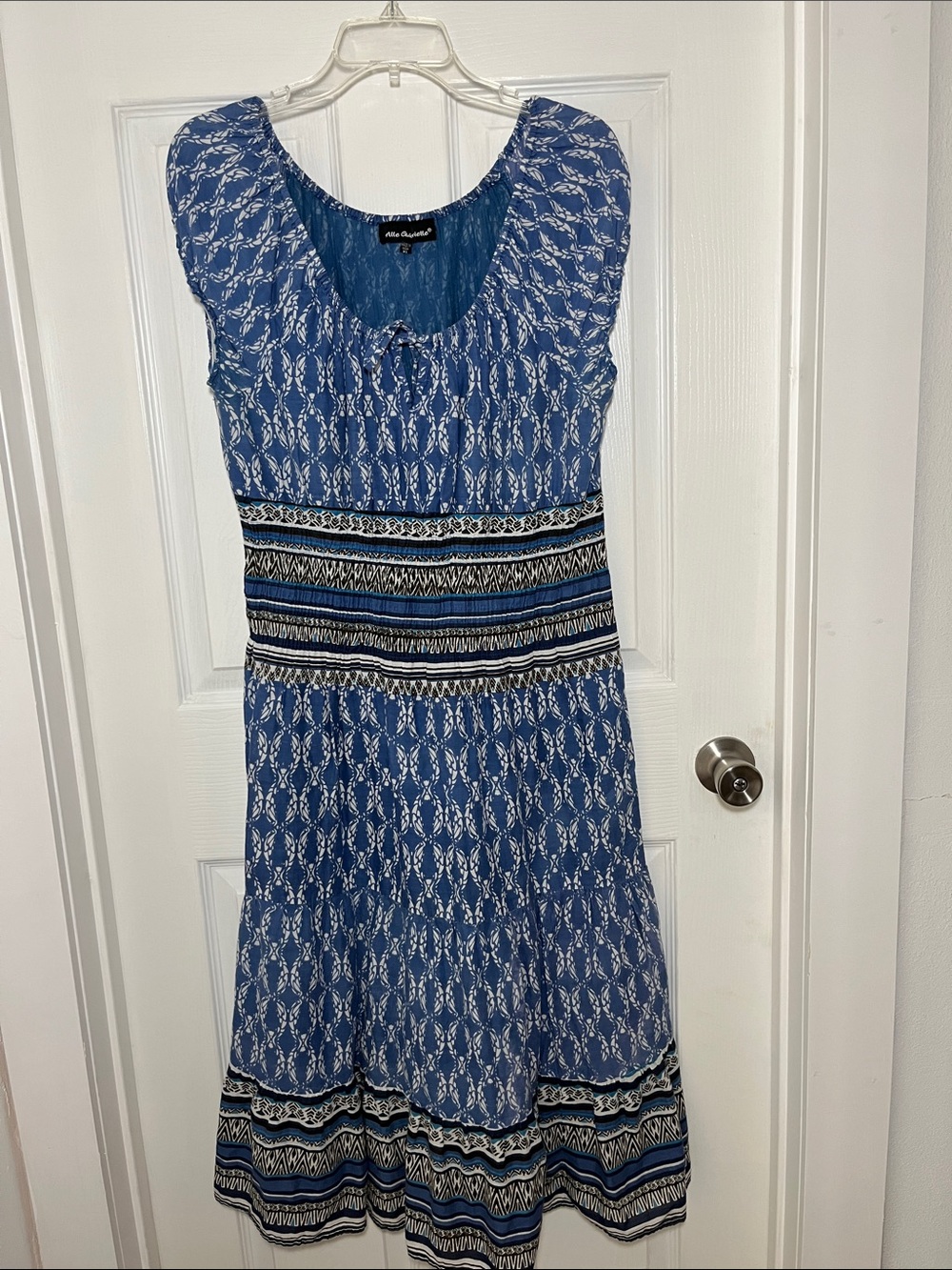 Mille Gabrielle Cotton Blue Print Boho Peasant Dress with Smocking at Waist